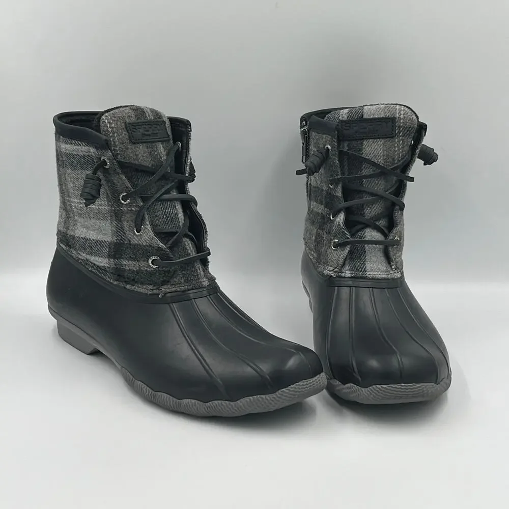 Sperry Duck Boots Gray Wool Plaid Waterproof Womens Size 10